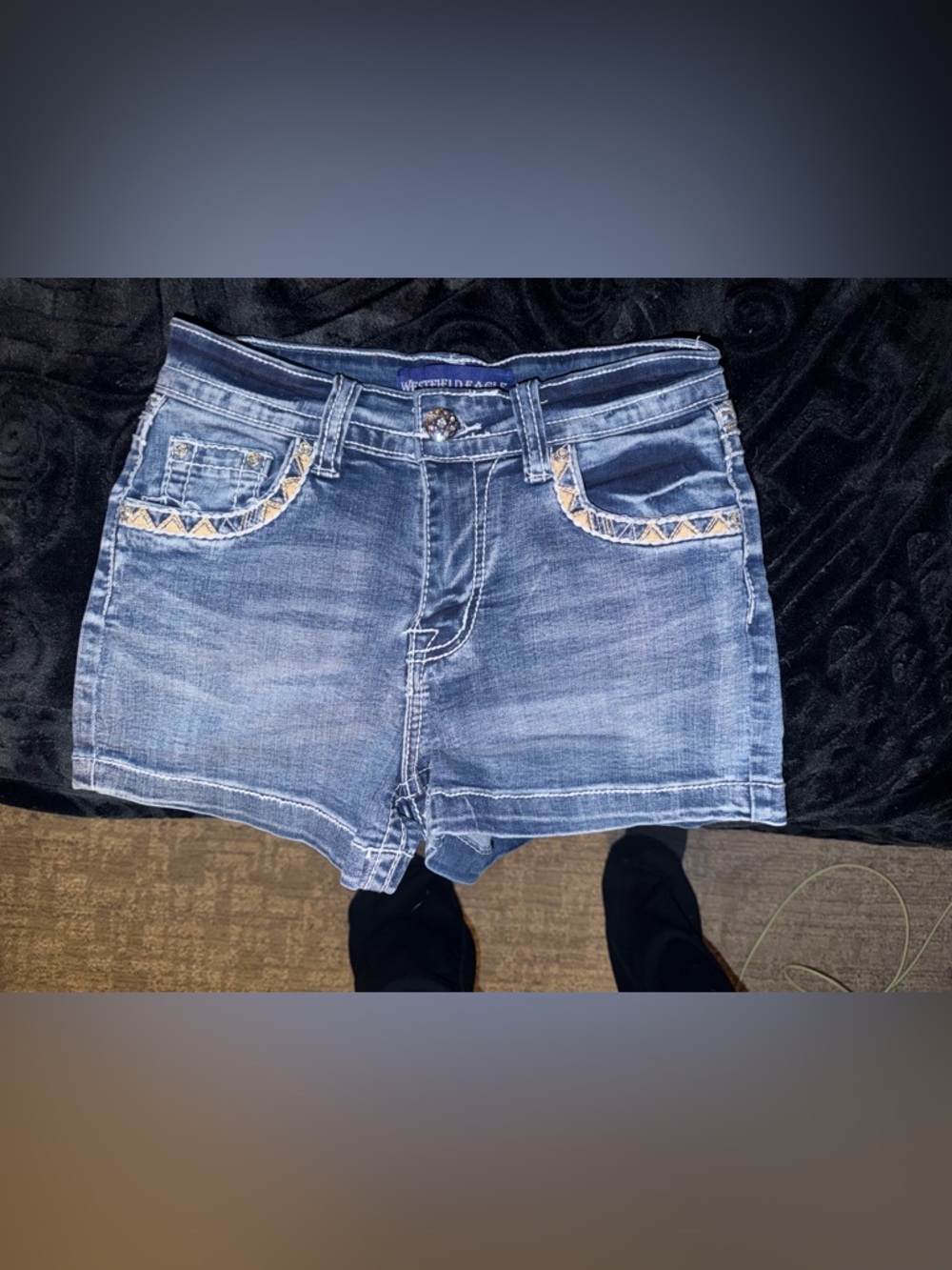 Women's Blue Denim Shorts with Embroidered Pocket Trim